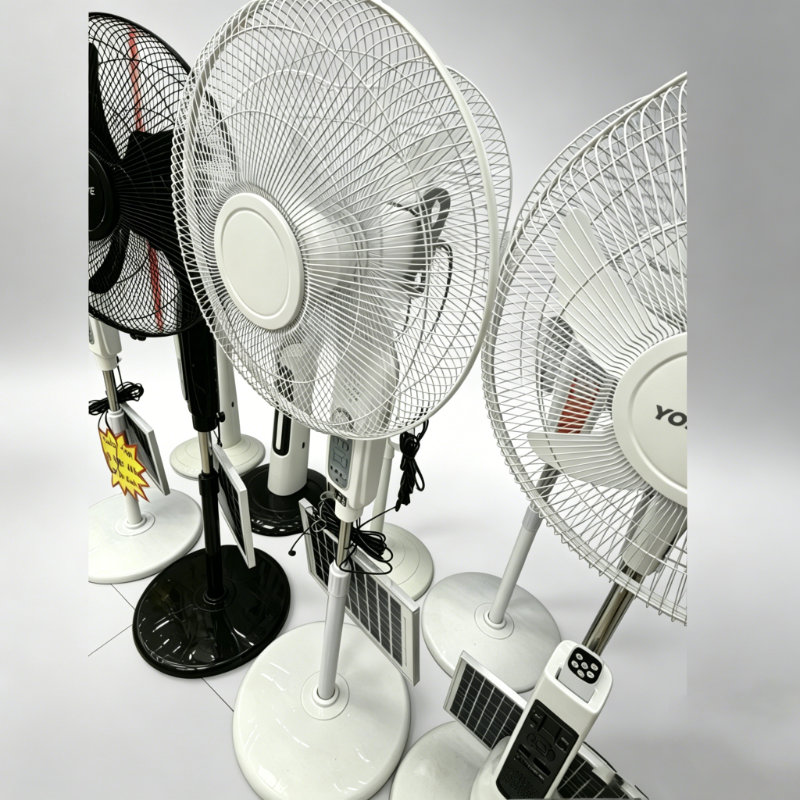 Solar Fan Multi-functional solar powered standing fan supporting both AC mains and DC solar power supply. Equipped with 3 adjustable wind speeds, auto oscillation, built-in rechargeable battery, MP3 audio playback, 5V USB phone charging and multi-voltage DC output ports, perfect for off-grid areas, Middle East households and outdoor use - Image 1